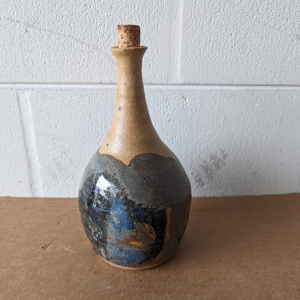 Studio Art Stoneware Pottery Genie Bottleneck with Cork Earth Tone Vase Signed